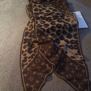 Louis Vuitton Brown & Tan Monogram Leopard Silk Scarf Wrap
